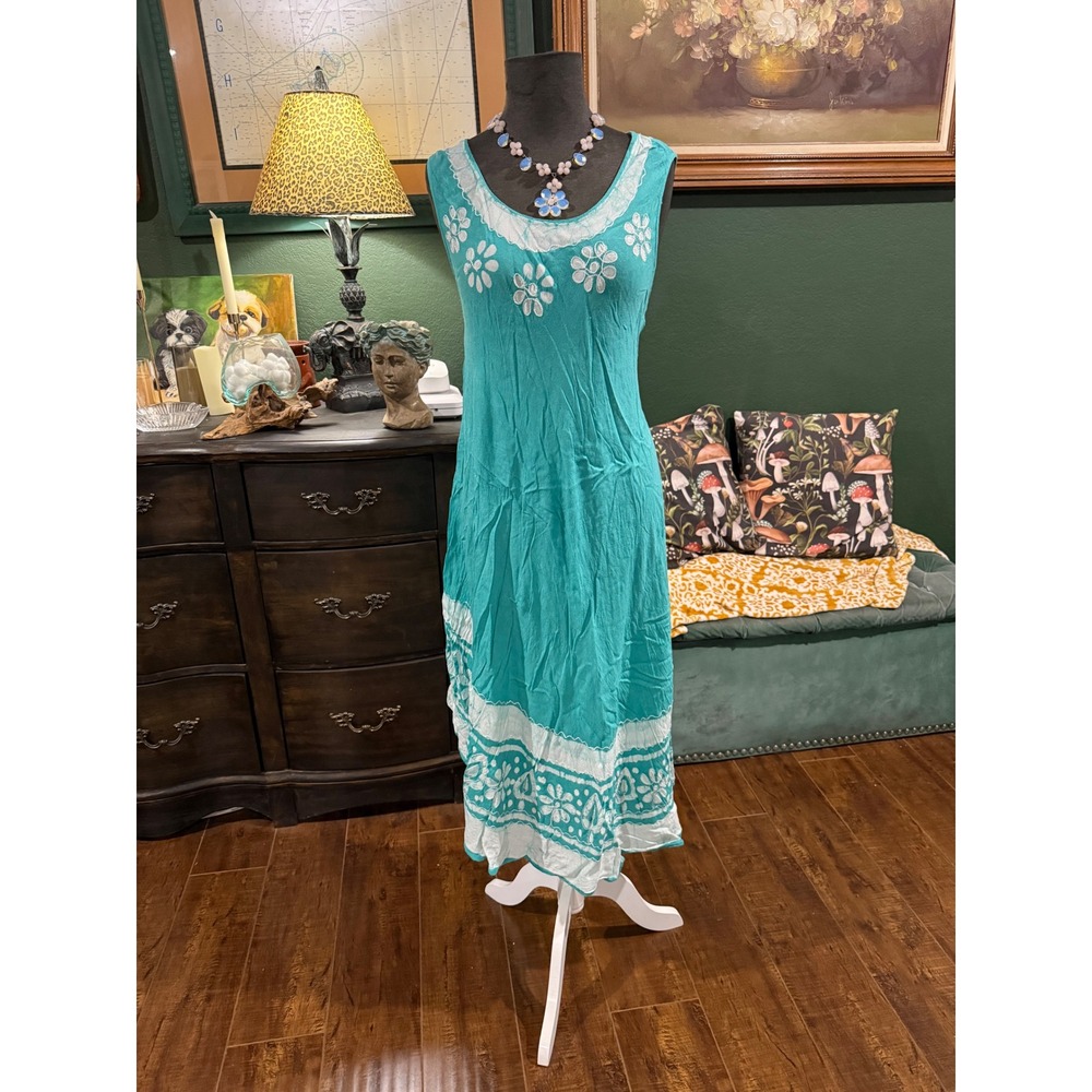 Advance Apparels Teal Turquoise Batik Floral Boho Sharkbite Midi Dress Free Size